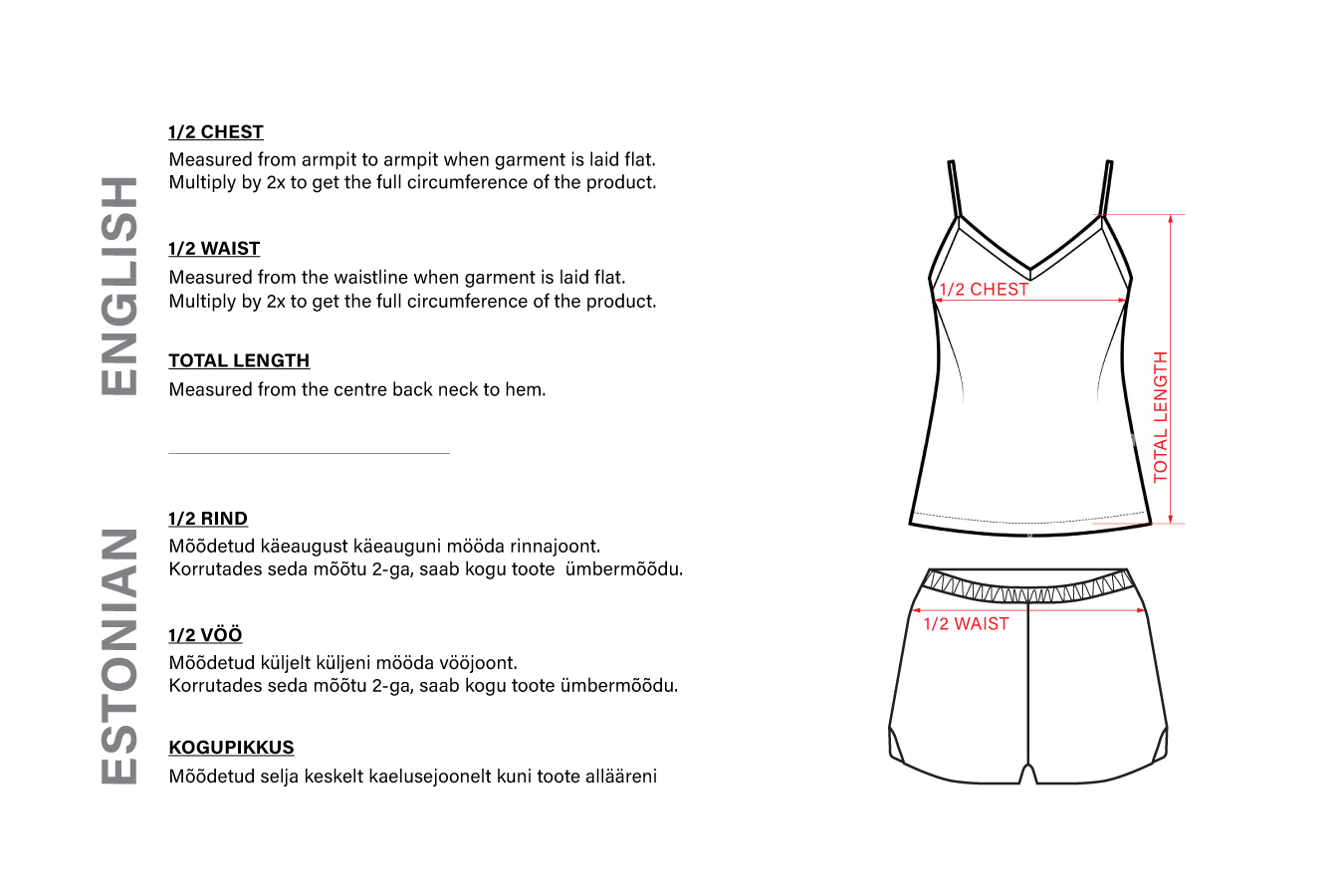 NIGHT WEAR size chart